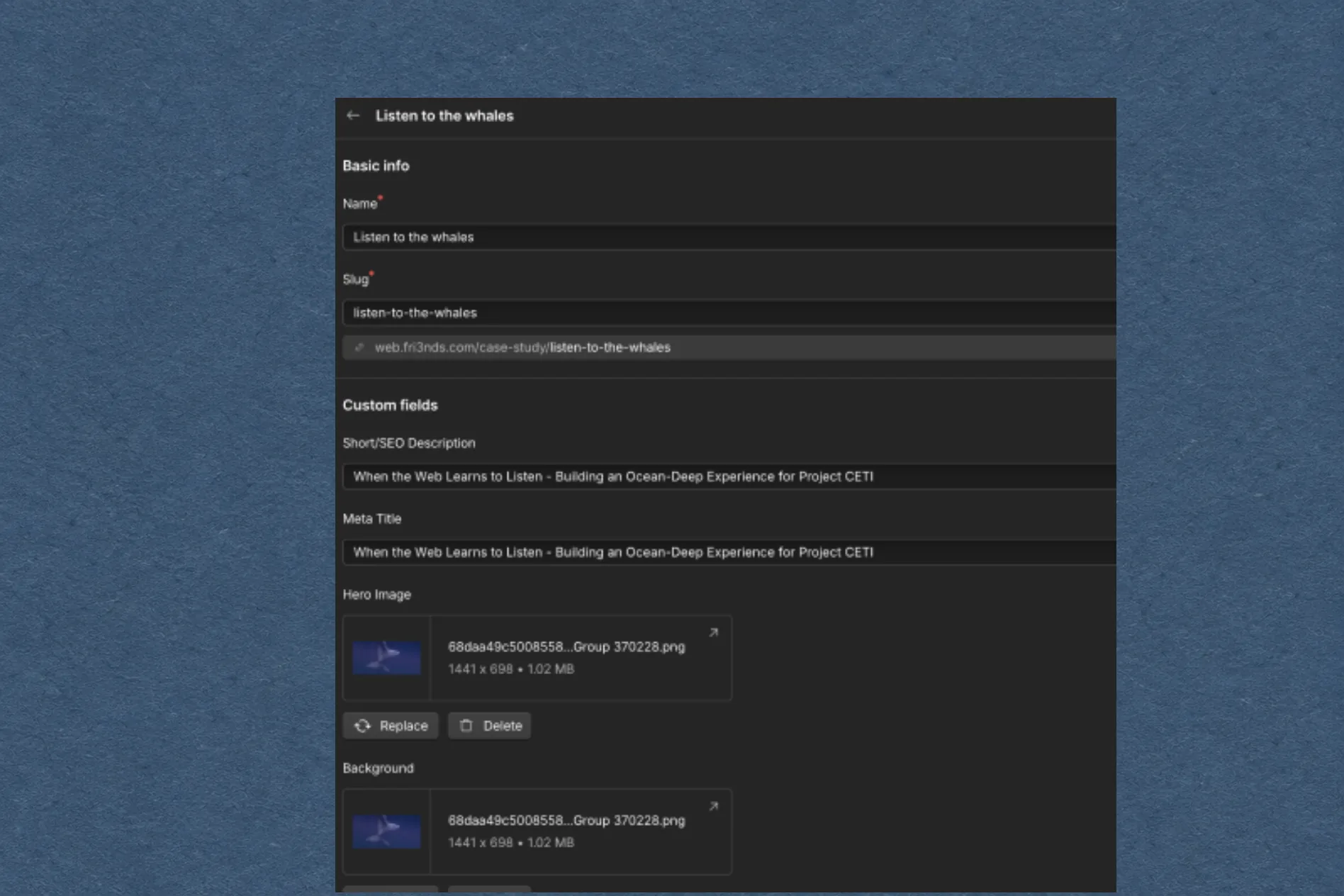 Webflow CMS editor for the Project CETI Listen to the whales page, on ocean slate paper