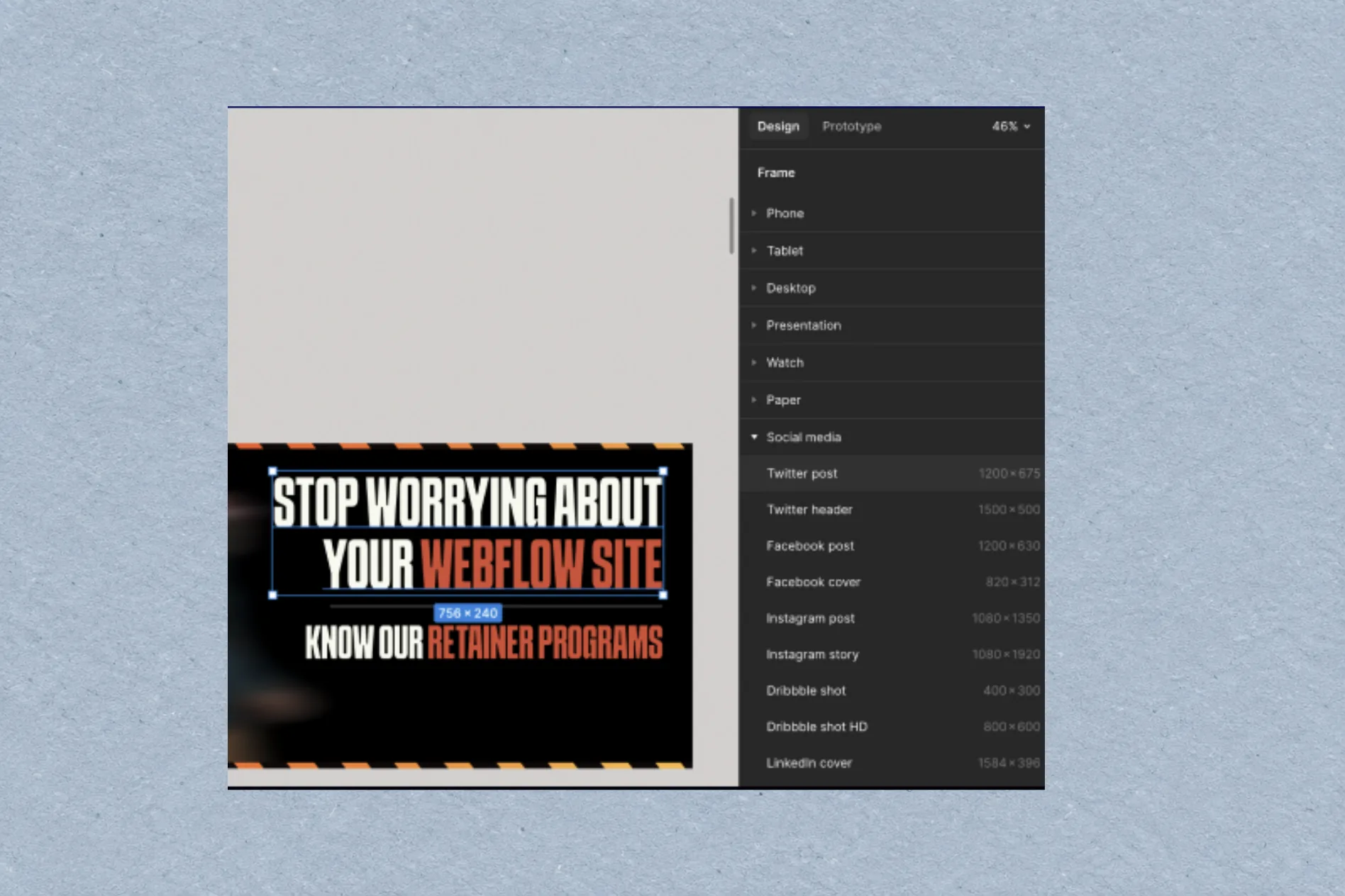 Figma frame presets panel beside a Stop Worrying About Your Webflow Site social graphic, on cloud blue paper