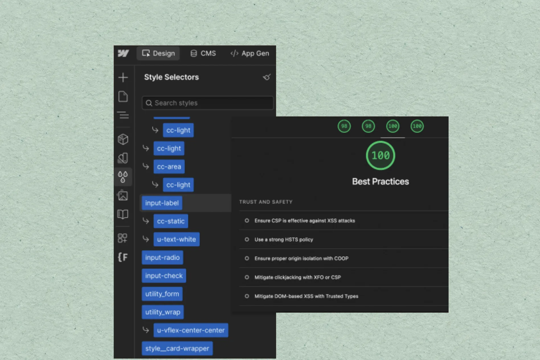 Webflow style selectors panel beside a Lighthouse audit showing a 100 Best Practices score, on mineral mint paper