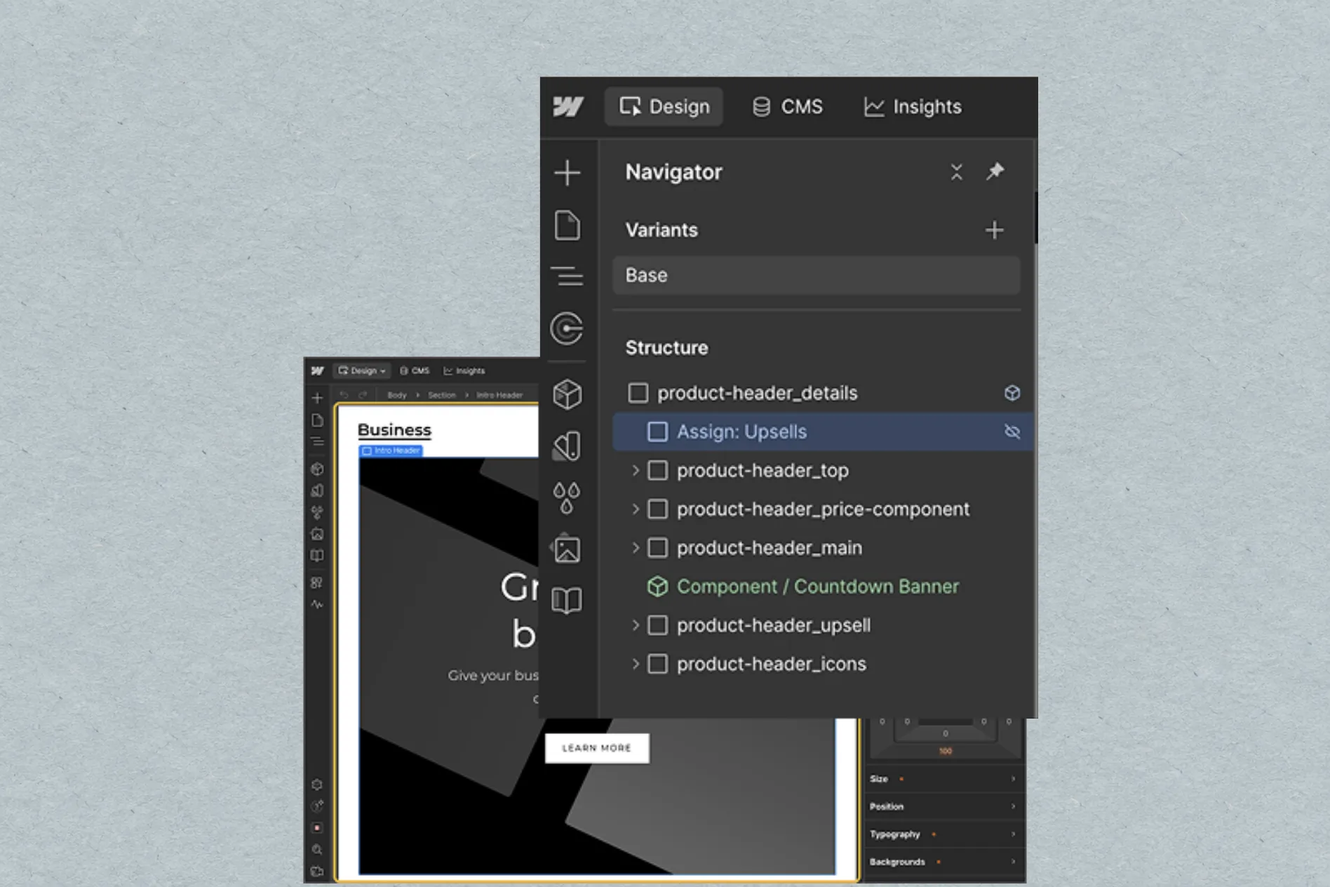 Webflow Designer navigator with a structured component tree over a dark landing page, on pale steel paper