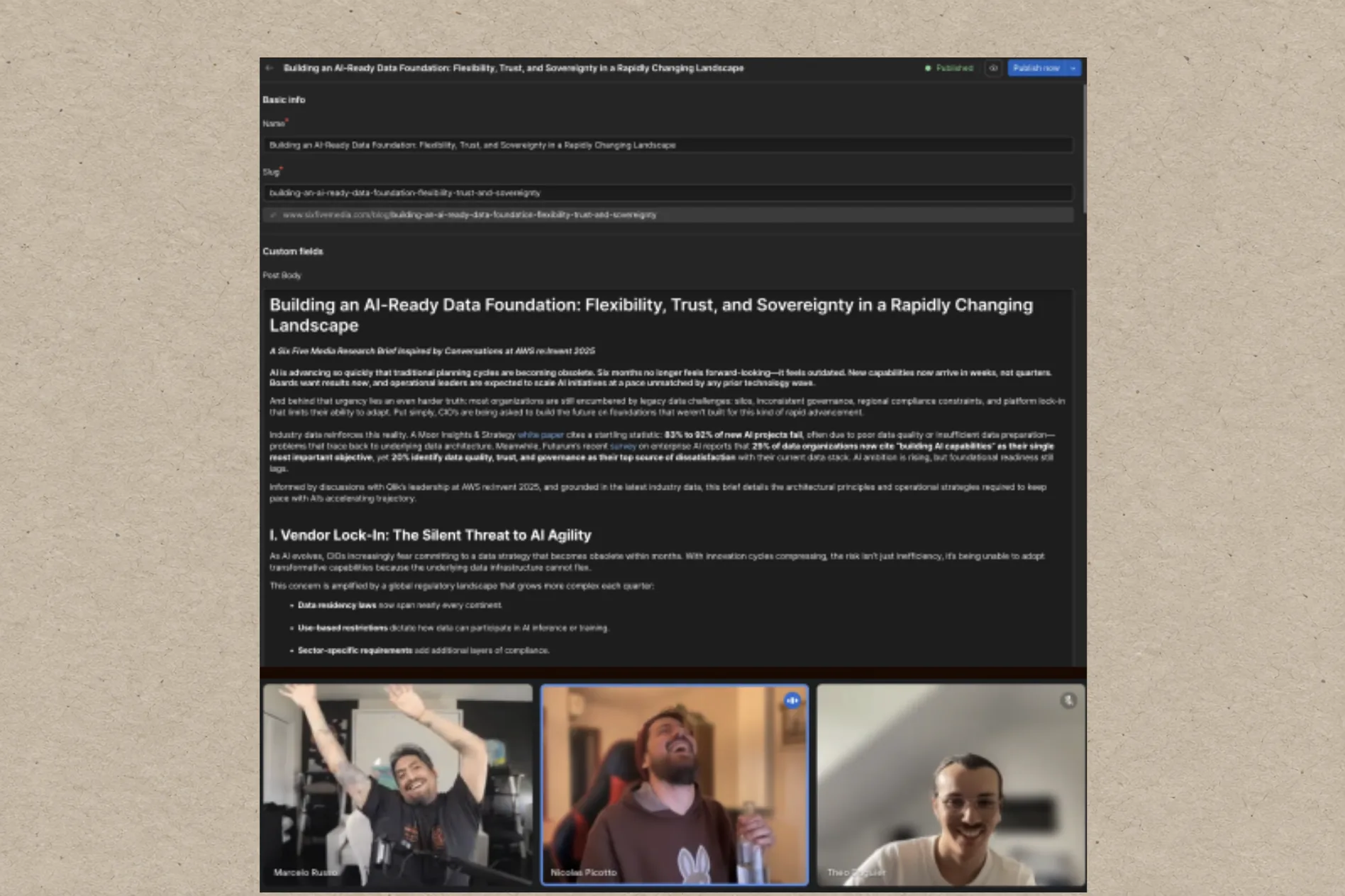 Dark CMS lesson page on AI-ready data foundations above a video call with three participants, on warm stone paper