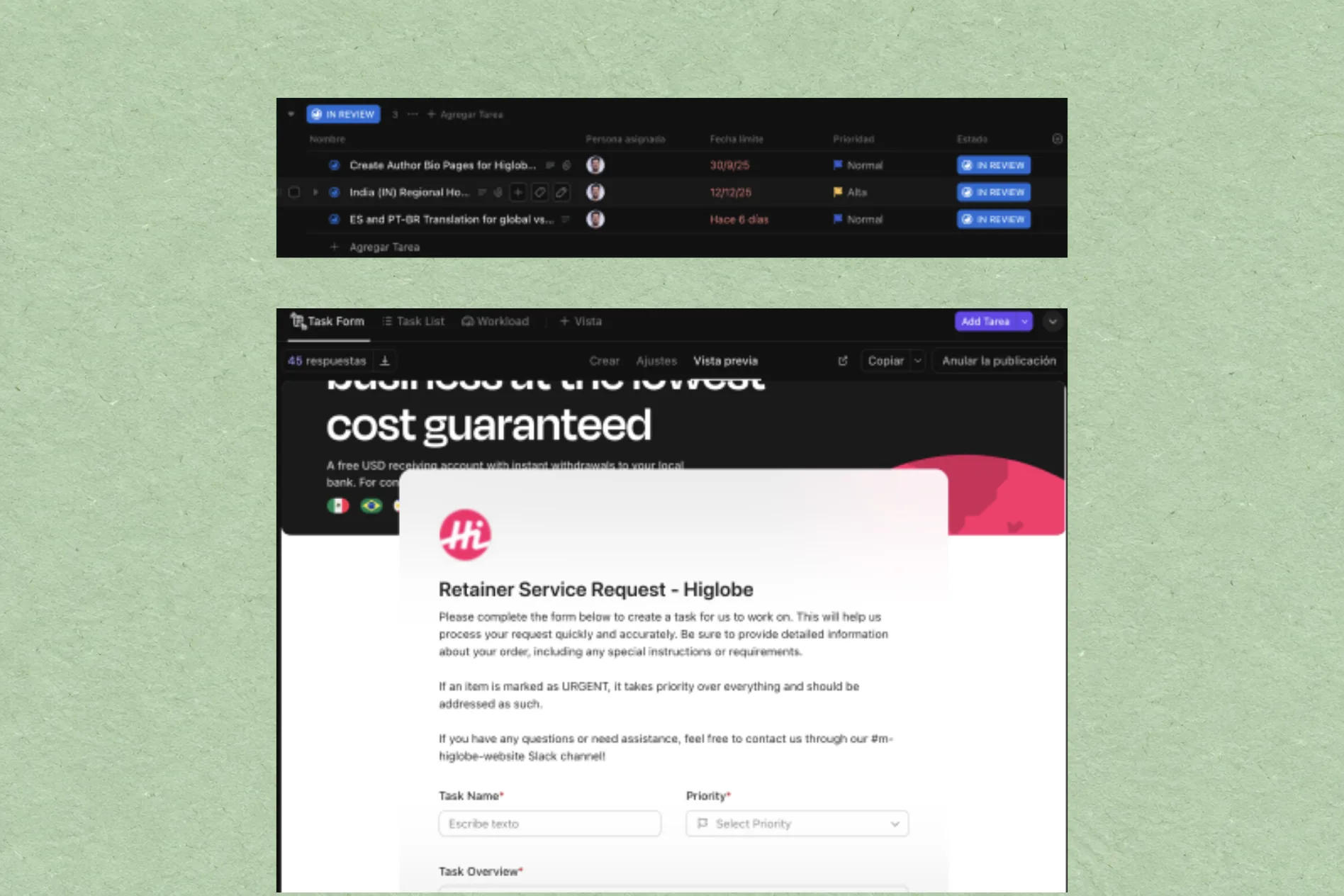 Task board rows above a Higlobe retainer service request form with a pink header, on fresh leaf paper