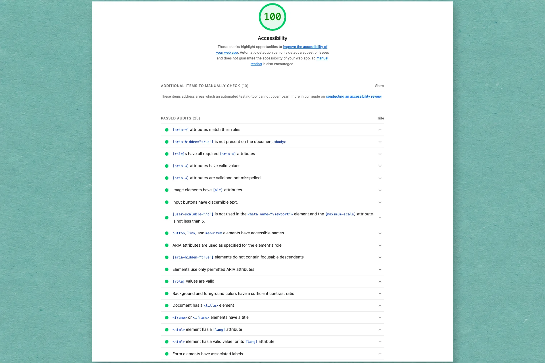 Lighthouse accessibility report for the Fri3nds contact page scoring 100 with a list of passed audits, on calm teal paper