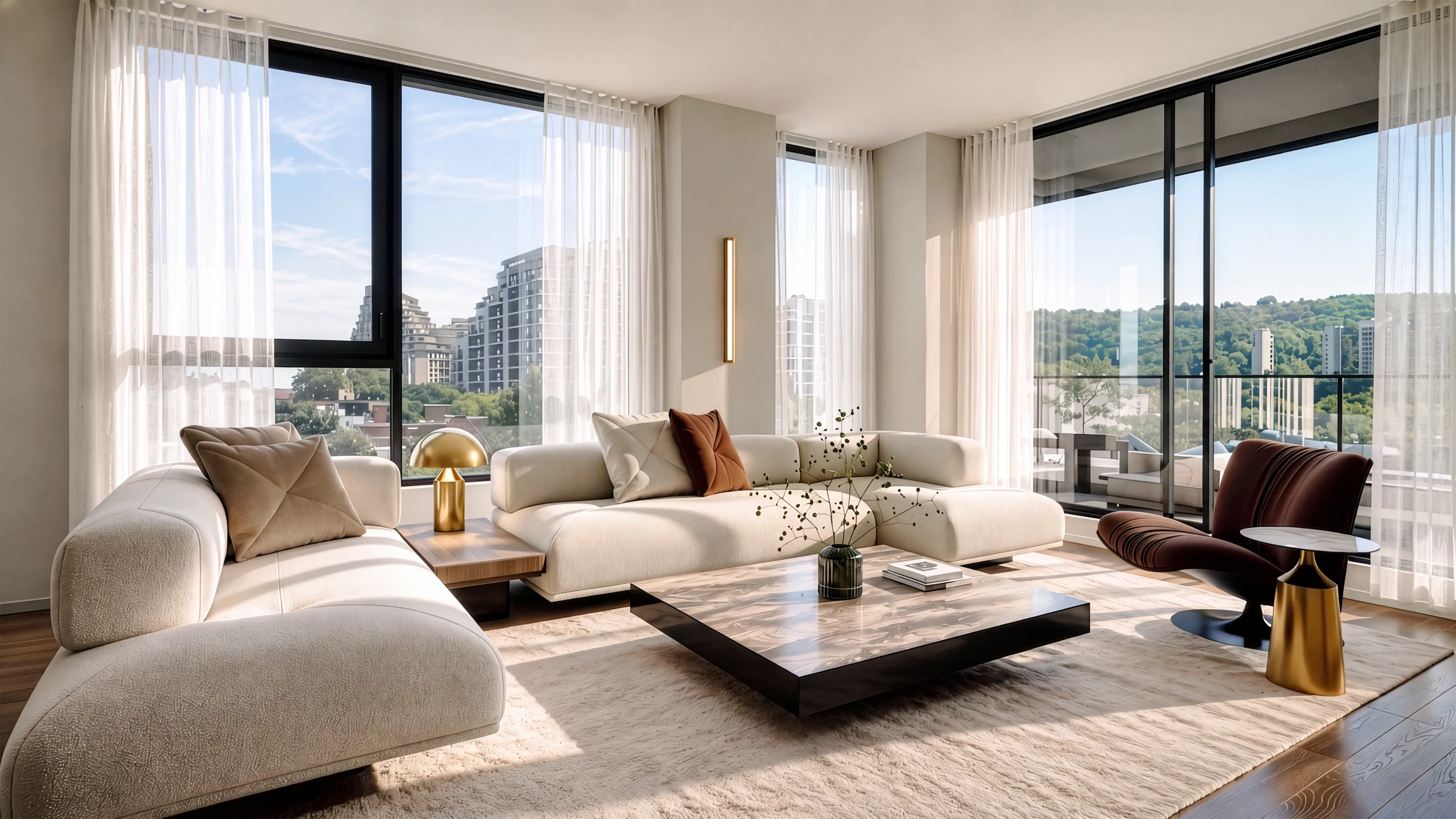 Salon lumineux d’un condominium Willow avec fenêtres pleine hauteur