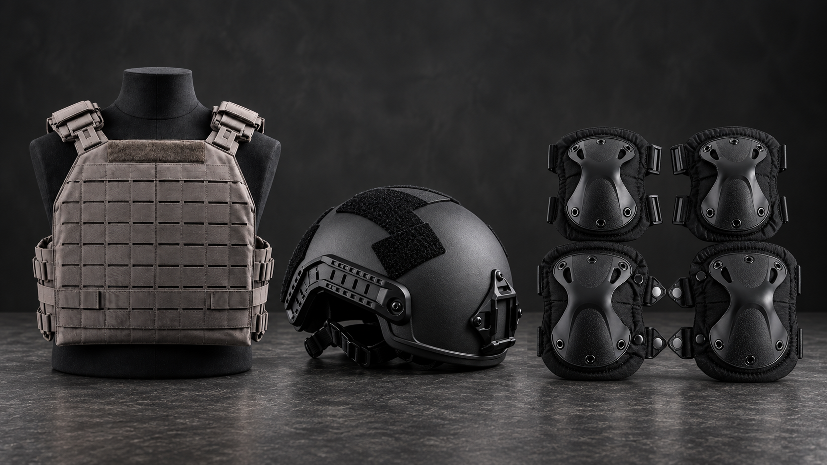 Kit táctico con chaleco portaplacas, casco y rodilleras