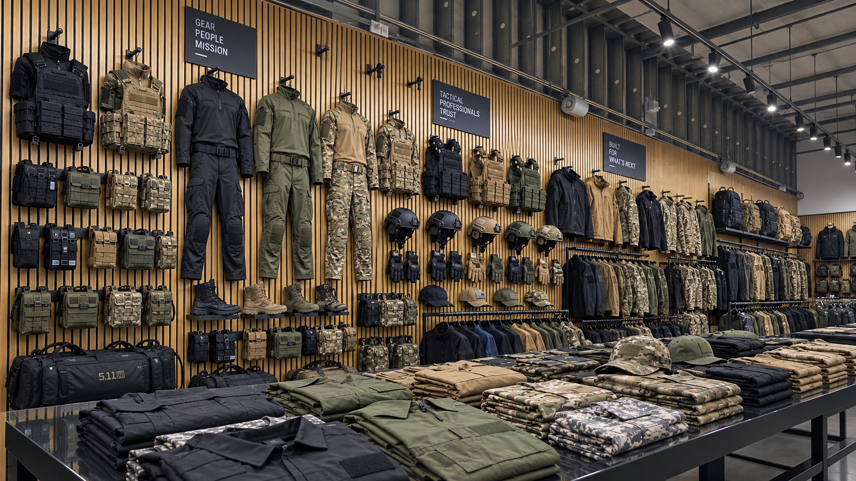 Anaqueles con uniformes y equipo táctico exhibidos en almacén