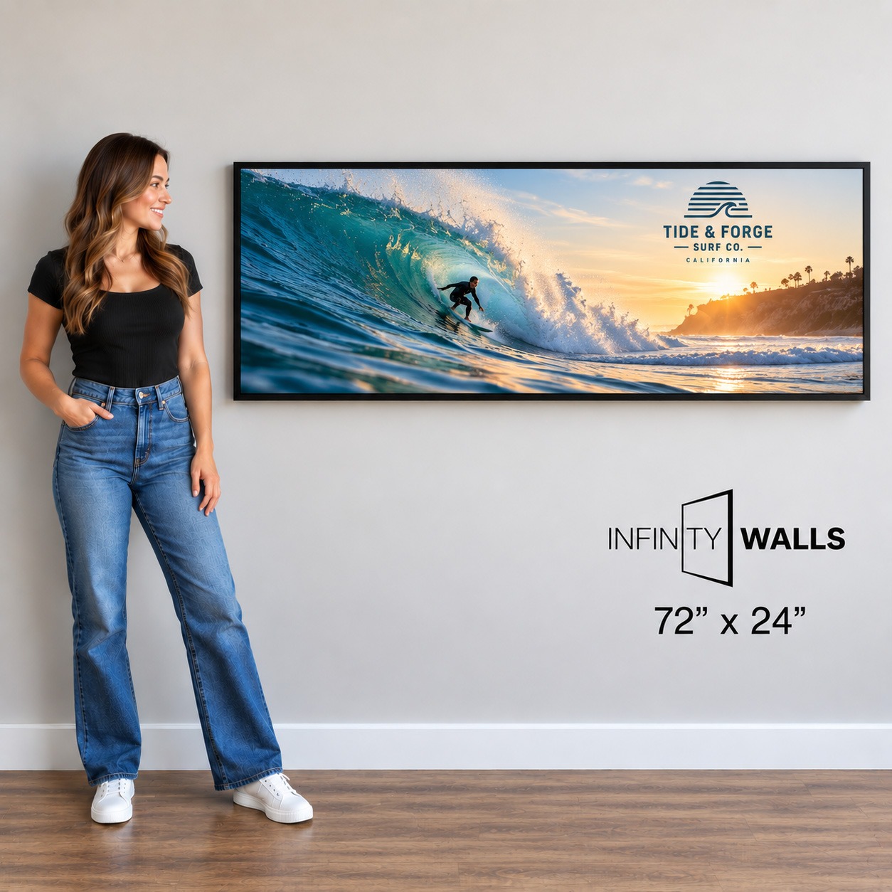 Framed SEG print, 72" x 24", shown mounted on an office wall for scale