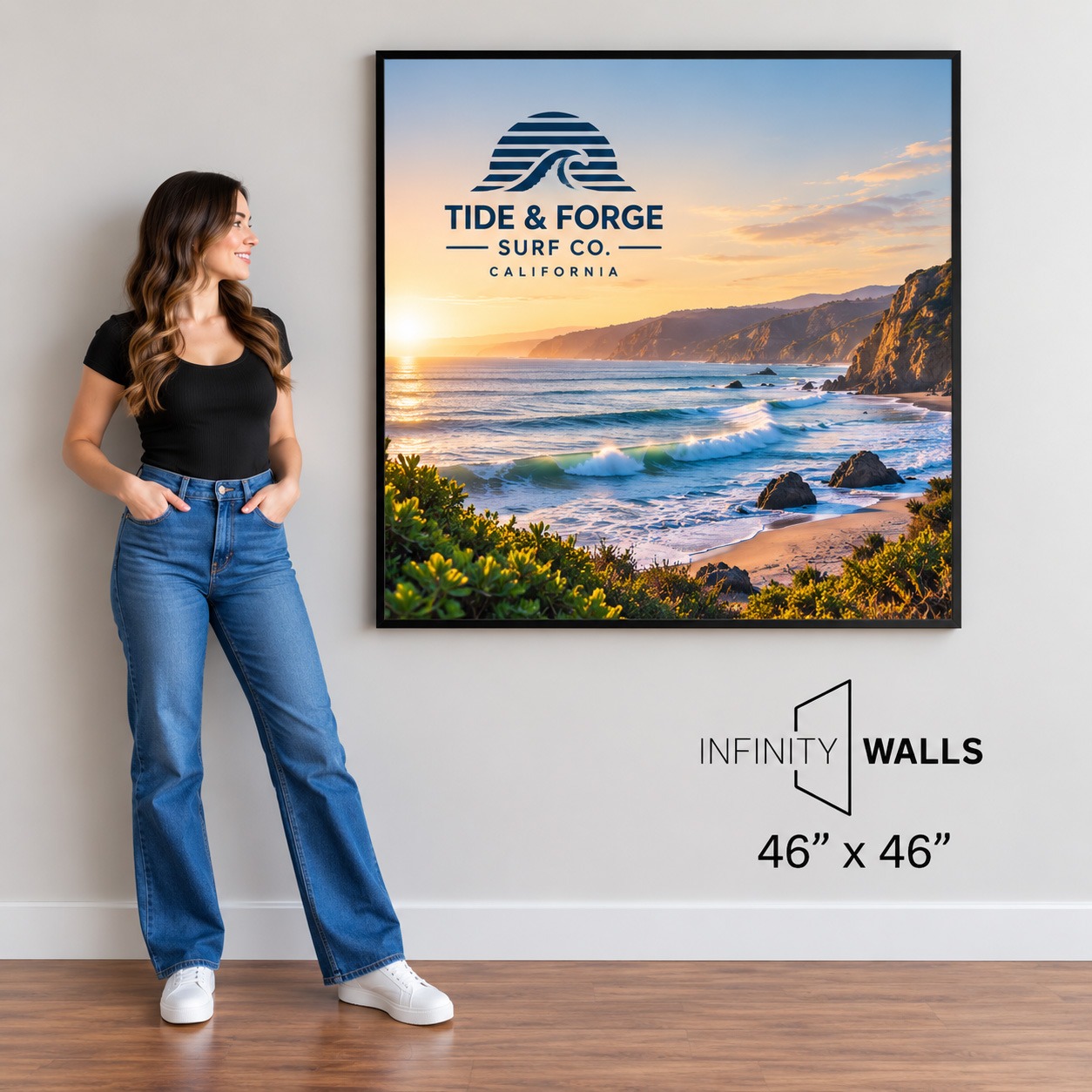 Framed SEG print, 46" x 46", shown mounted on an office wall for scale