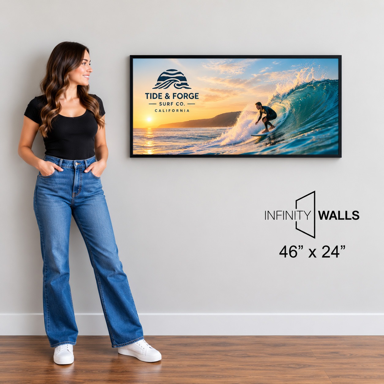 Framed SEG print, 46" x 24", shown mounted on an office wall for scale