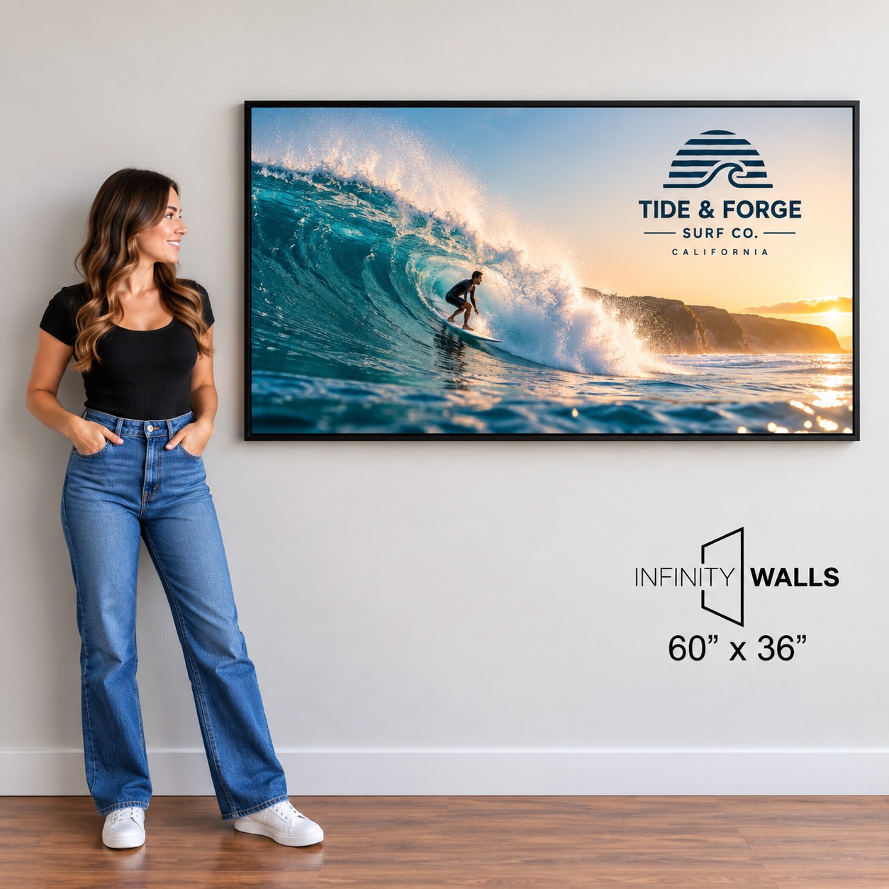 Framed SEG print, 60" x 36", shown mounted on an office wall for scale
