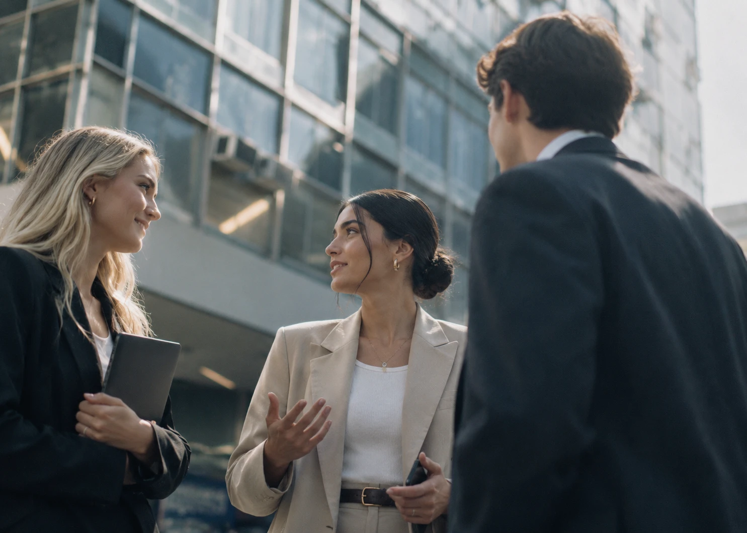 Three business professionals talking outside a modern office building