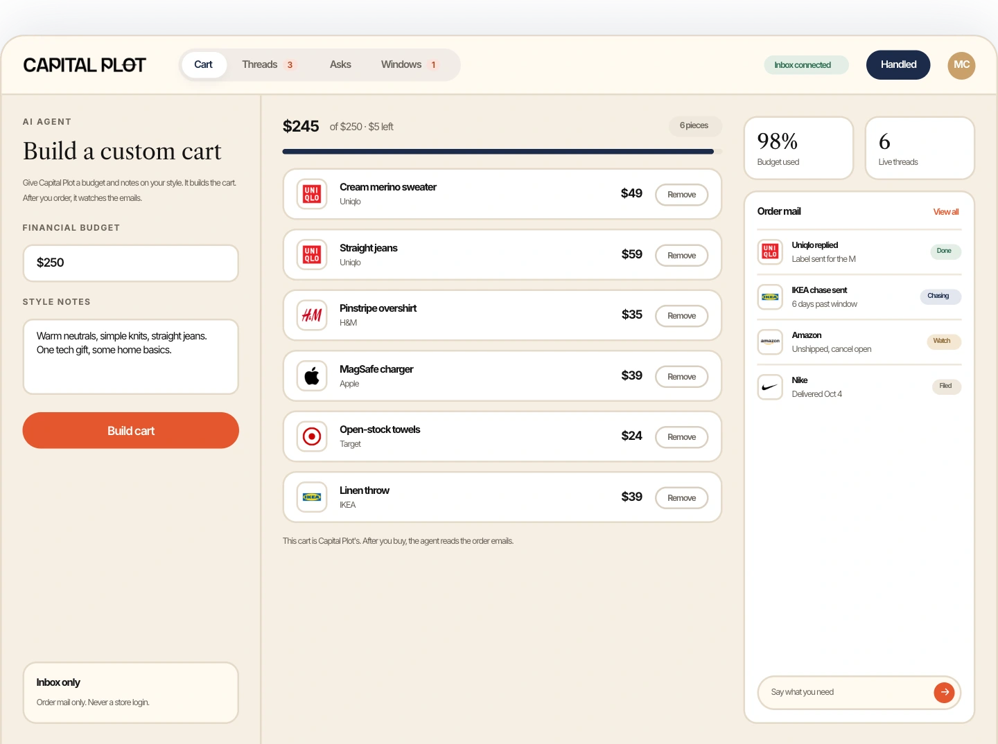 Capital Plot app building a custom cart from a $250 budget