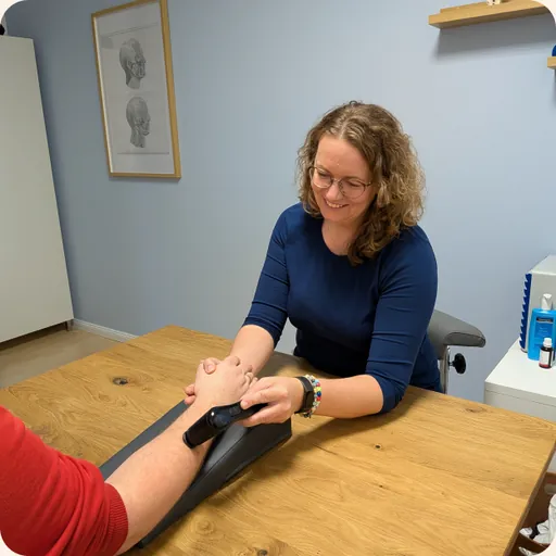 Therapeutin behandelt den Unterarm einer Patientin am Tisch