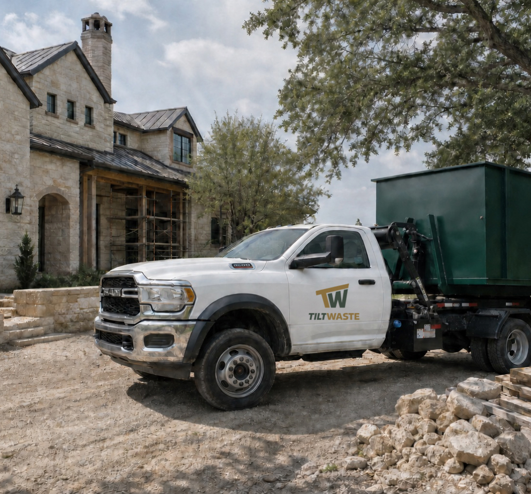 Tilt Waste roll-off truck delivering a green dumpster