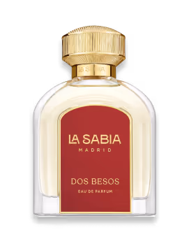 La Sabia Madrid Dos Besos Eau de Parfum bottle with gold cap and red label.
