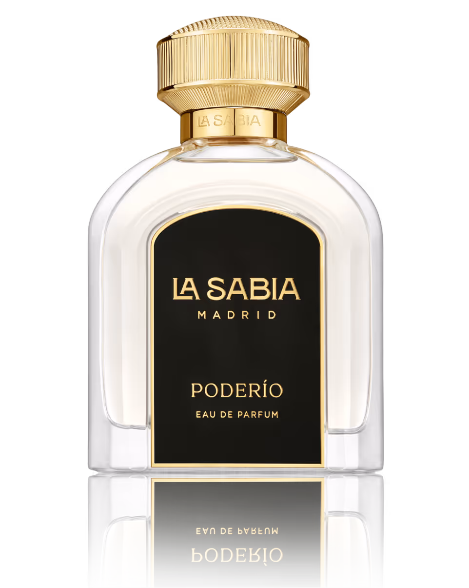 Clear La Sabia Madrid Poderío Eau de Parfum bottle with a gold cap and black label.