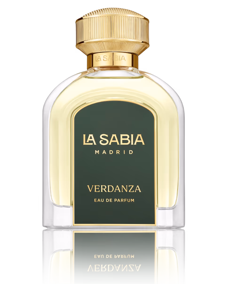 La Sabia Madrid Verdanza Eau de Parfum bottle with golden cap and yellow liquid inside.