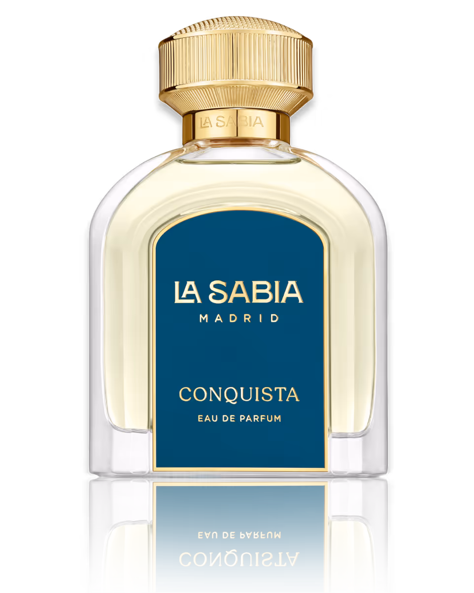 La Sabia Madrid Conquista Eau de Parfum in clear bottle with gold cap and navy label.