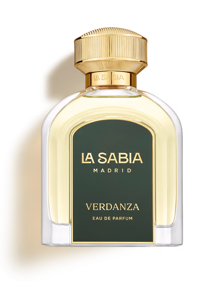 Bottle of La Sabia Madrid Verdanza Eau de Parfum with a gold cap and dark green label.