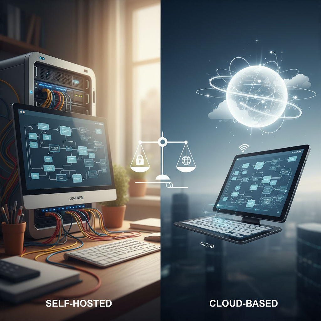 3D render illustrating Self-Hosted vs. Cloud-Based Automation Tradeoffs with self-hosted server cube and cloud volume linked by hybrid edge node