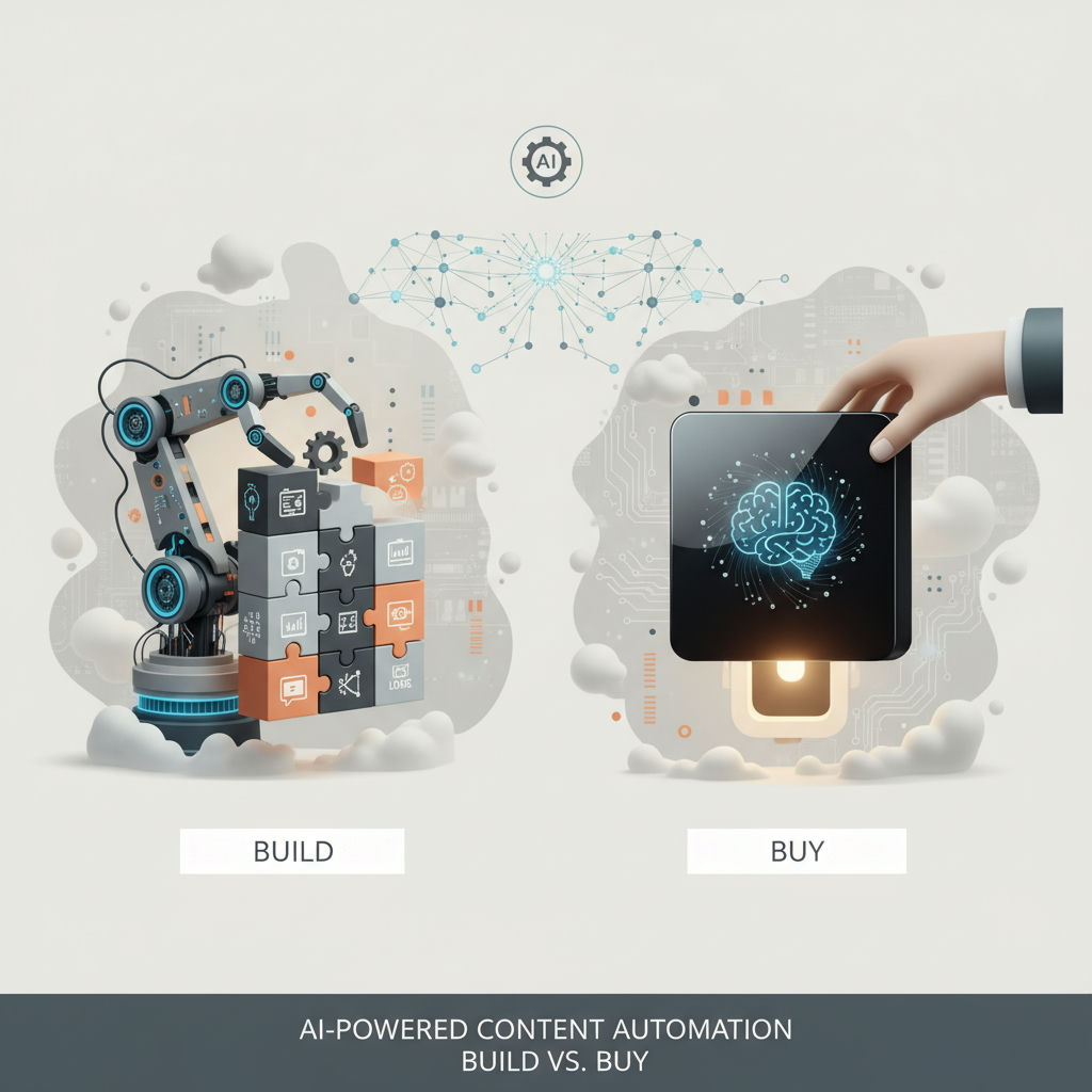 A robotic arm assembles puzzle pieces, while a human hand interacts with a brain-powered device displaying a circuit board and brain icon.