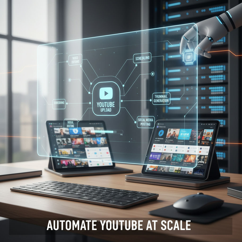 3D render illustrating how to automate YouTube video upload with video files moving through an upload pipeline
