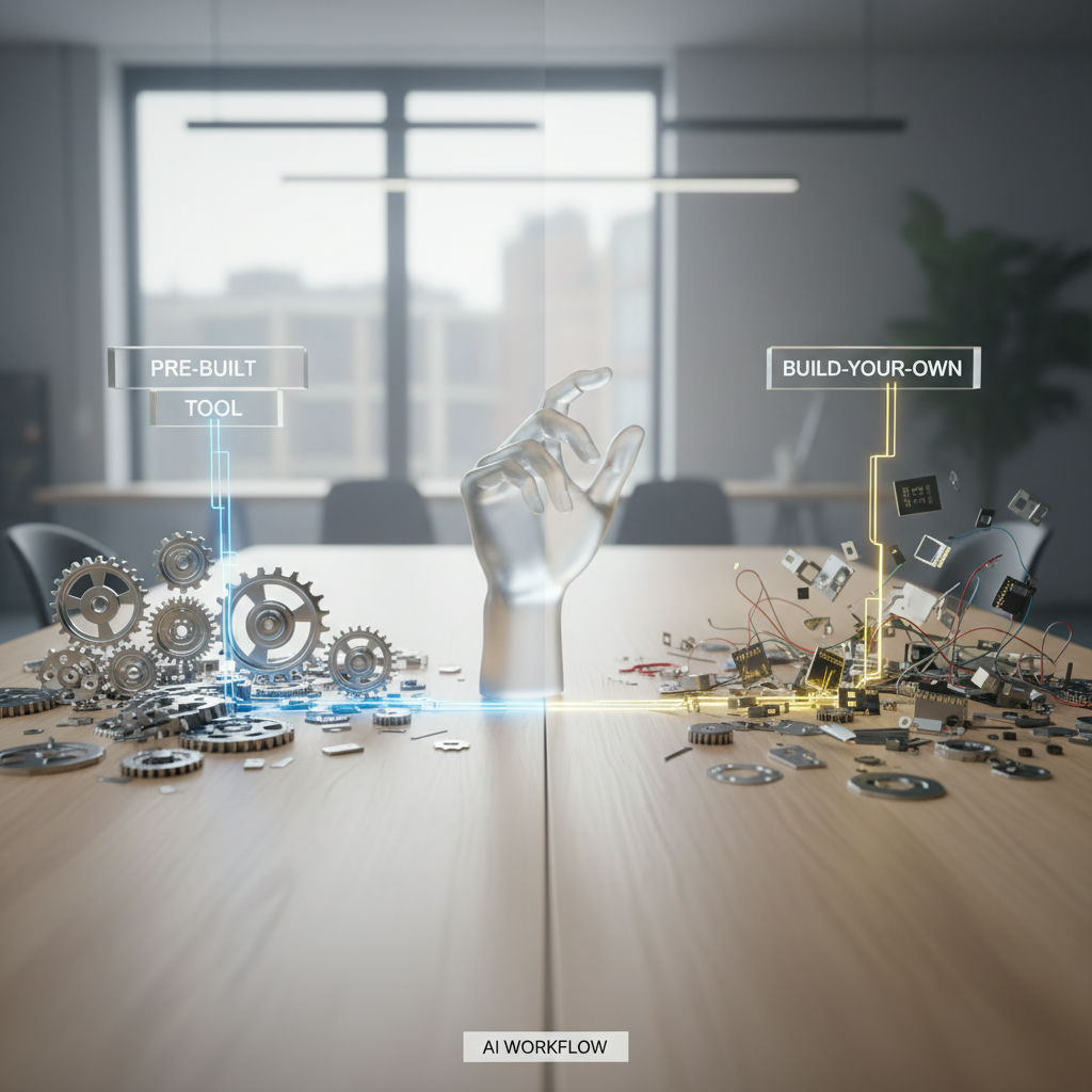 3D interlocking blocks converging on approval prism illustrating ai workflow builder comparison across n8n, Make and Zapier