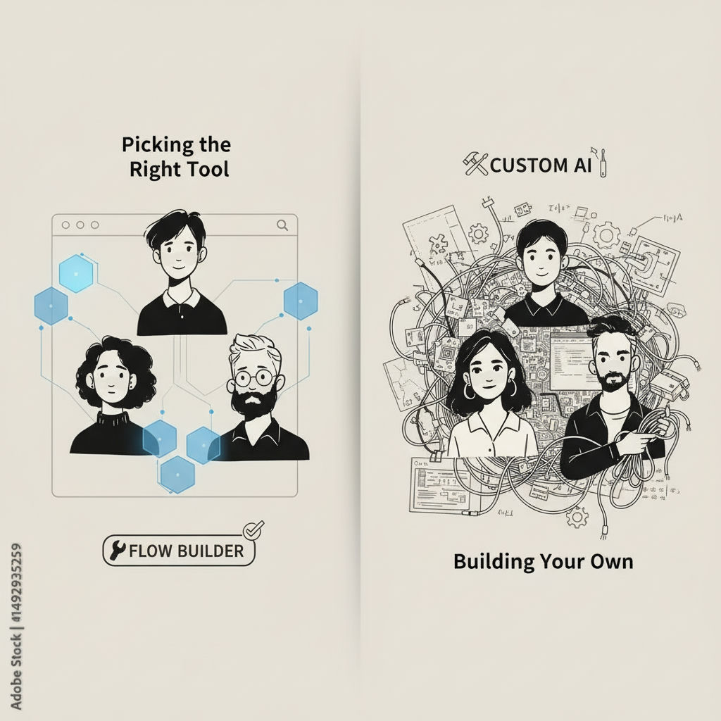 The image presents two sections: "Picking the Right Tool" with four stylized faces connected by blue hexagons on a web browser interface, and "Building Your Own" with five faces connected by wires and circuit diagrams.