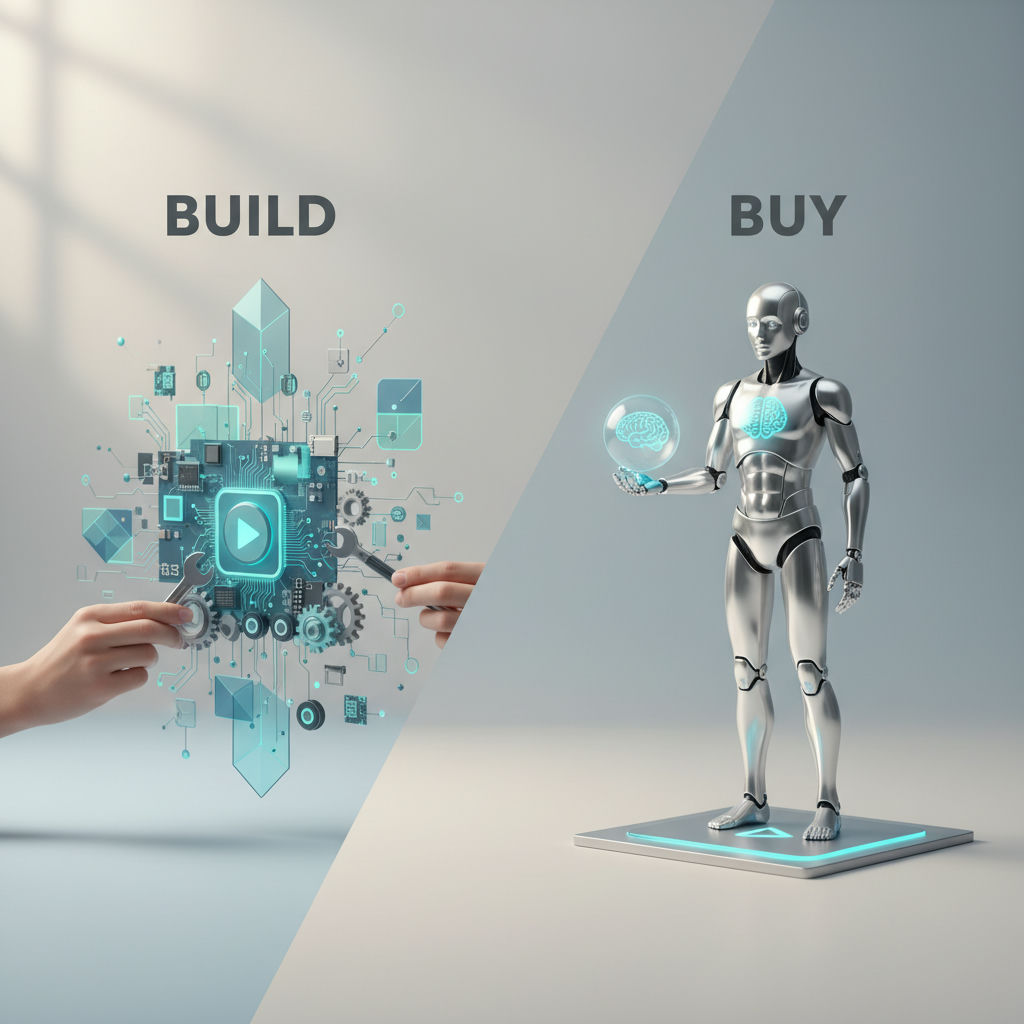 3D render illustrating custom ai agents build vs buy decision with modular tracks and central agent cube