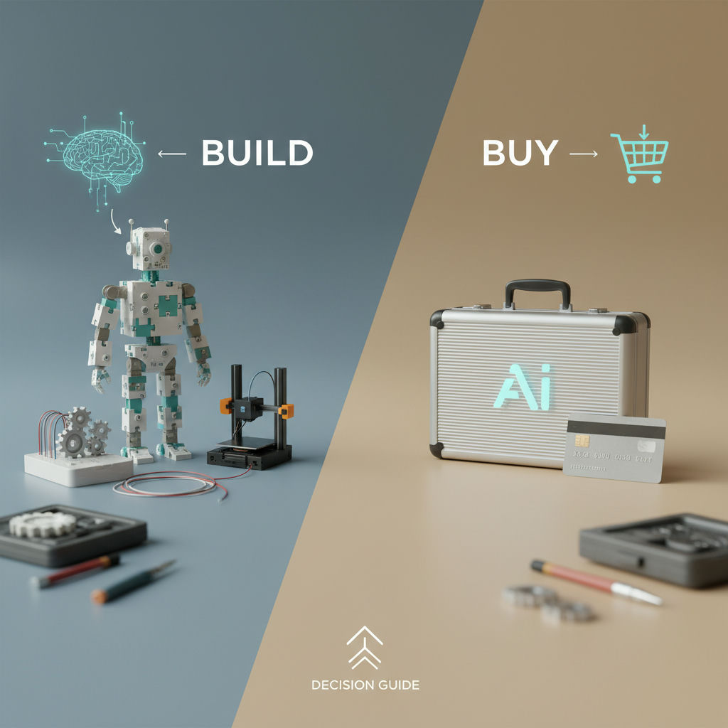 A robot, tools, and a suitcase labeled "AI" are depicted alongside a shopping cart icon labeled "BUY" suggesting a decision-making process between building and buying.