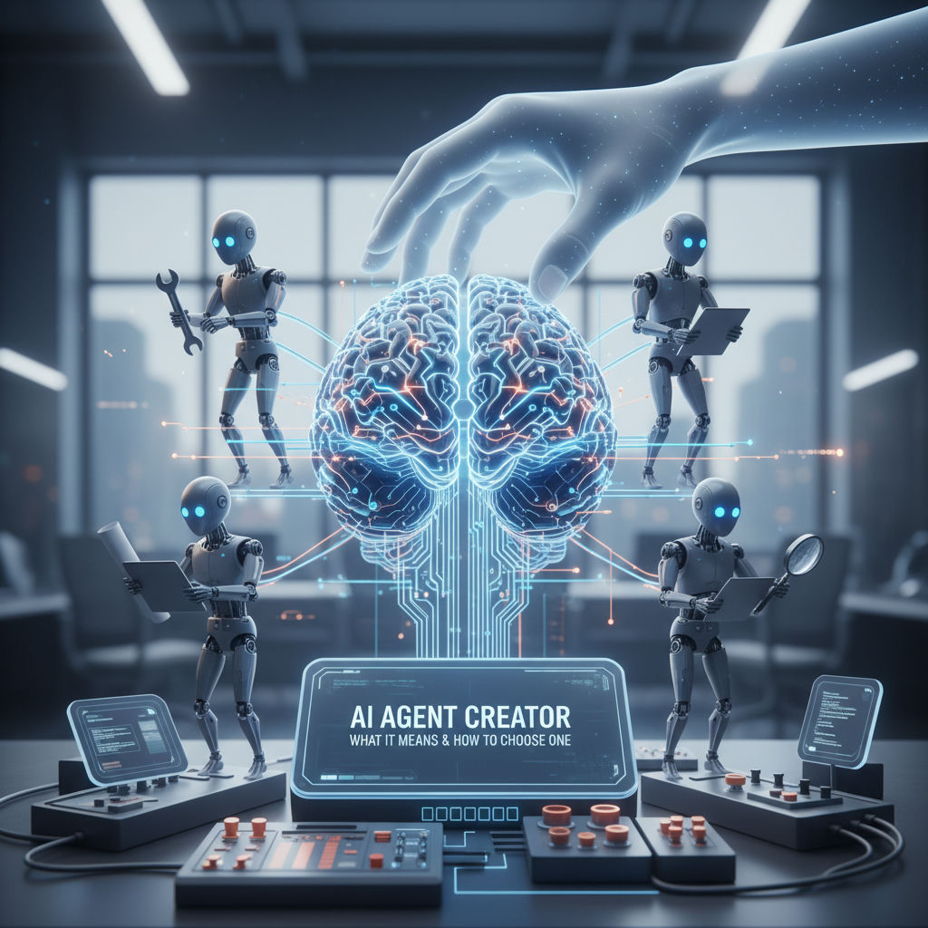 3D render illustrating ai agent creator components with model, tools, memory and human checkpoints connected