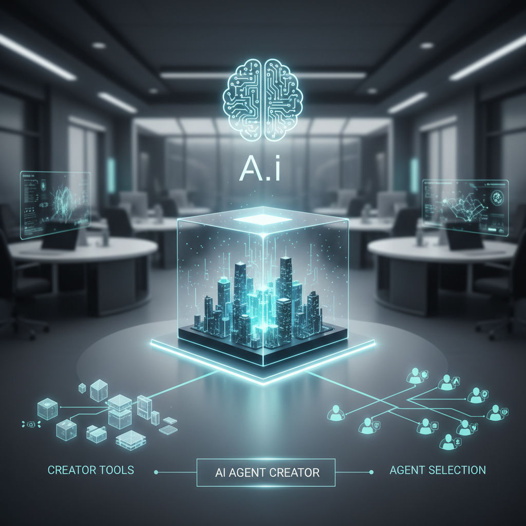 A transparent cube containing a digital cityscape is connected to icons representing creator tools, agent creation, and agent selection within a modern office environment.