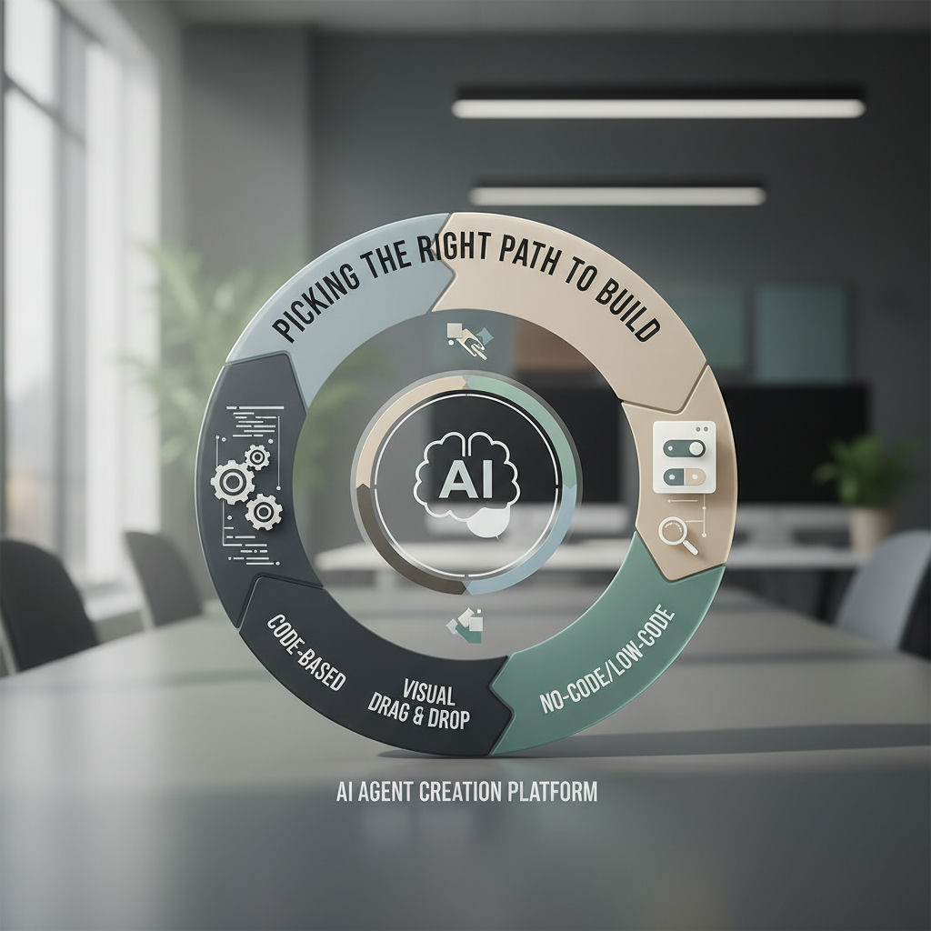 3D render of four modular blocks linked by rails converging to a control dial, illustrating how to choose an ai agent creation platform path