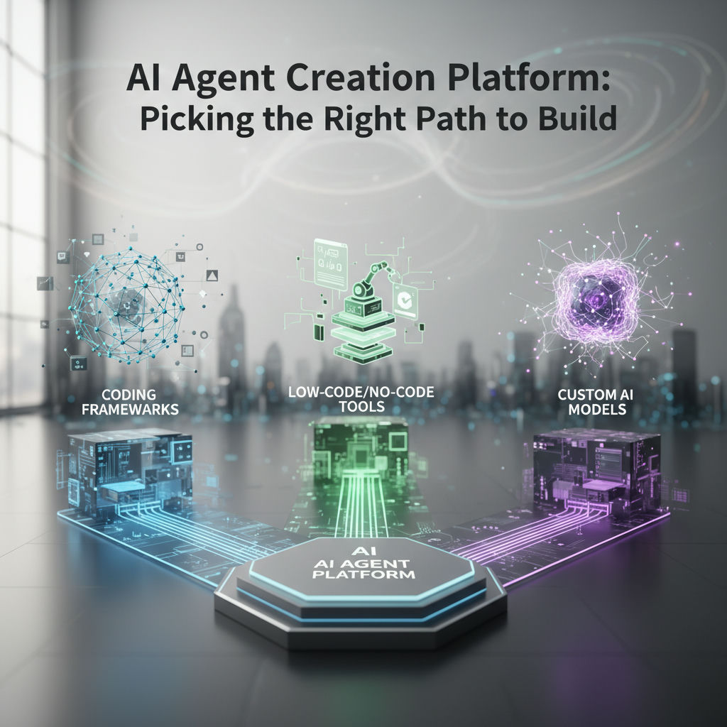 An AI Agent Creation Platform diagram illustrates three key components: Coding Frameworks, Low-Code/No-Code Tools, and Custom AI Models, each represented by a stylized representation of a technological system or process.