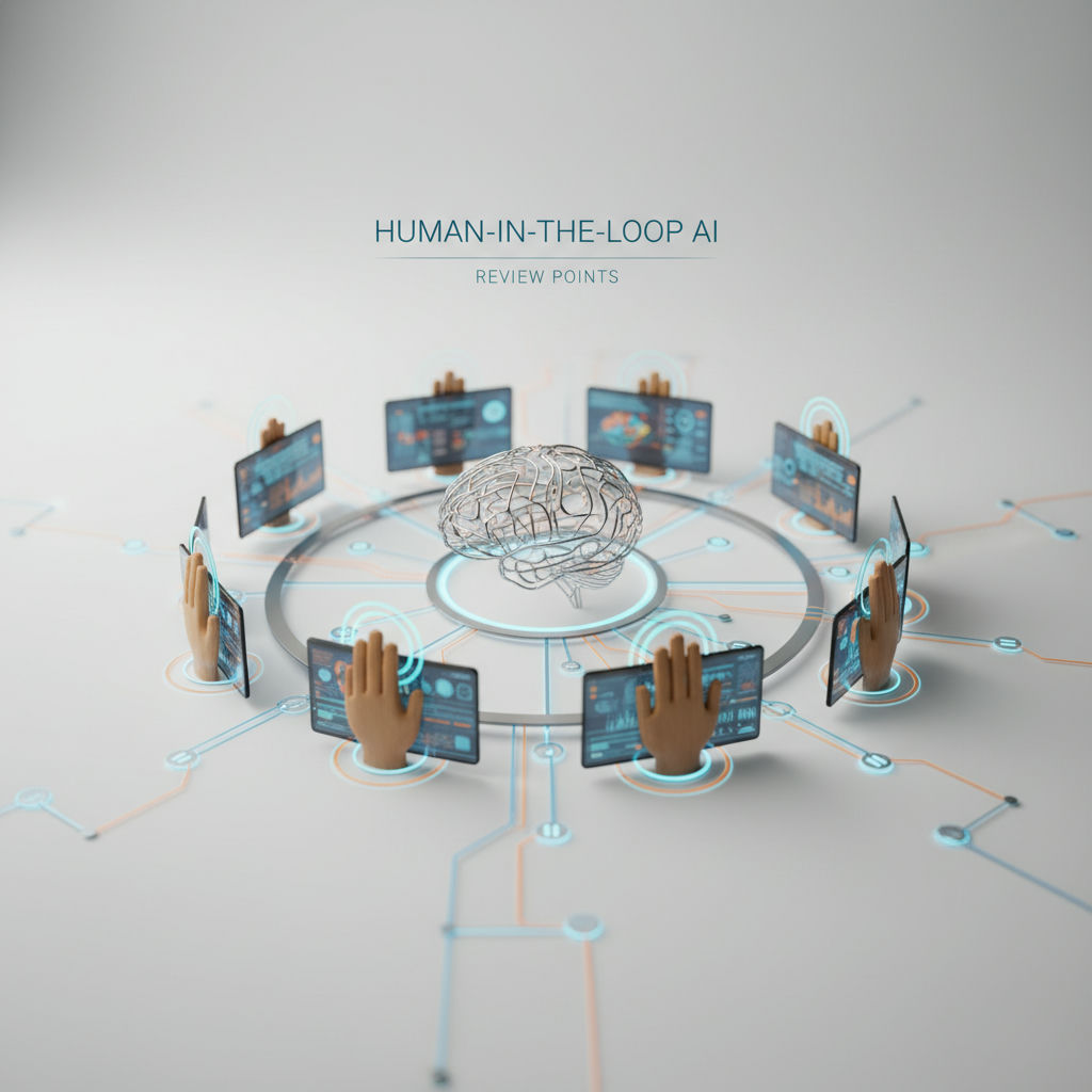 A central wireframe human brain is surrounded by six smaller digital screens displaying various data, with connected hands interacting with the screens.