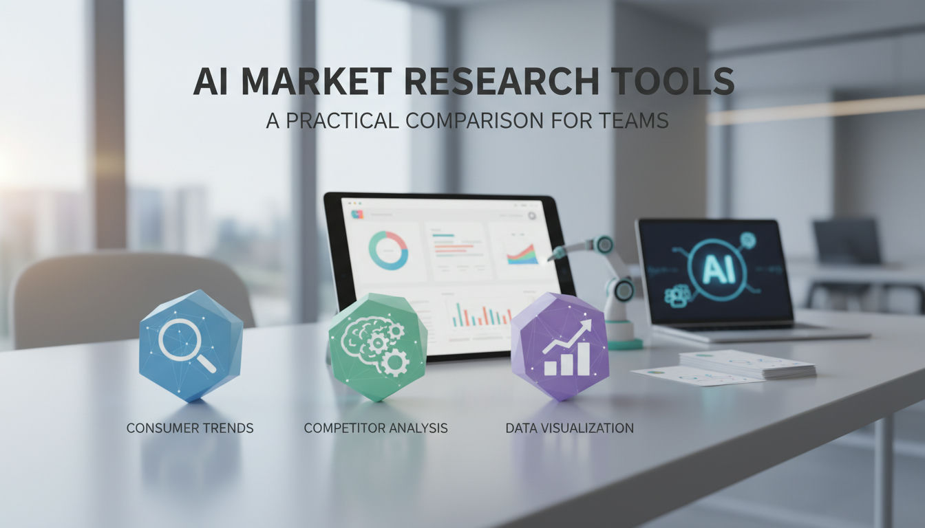 3D comparison grid visualizing ai market research tools categories with evidence trails and citation connections