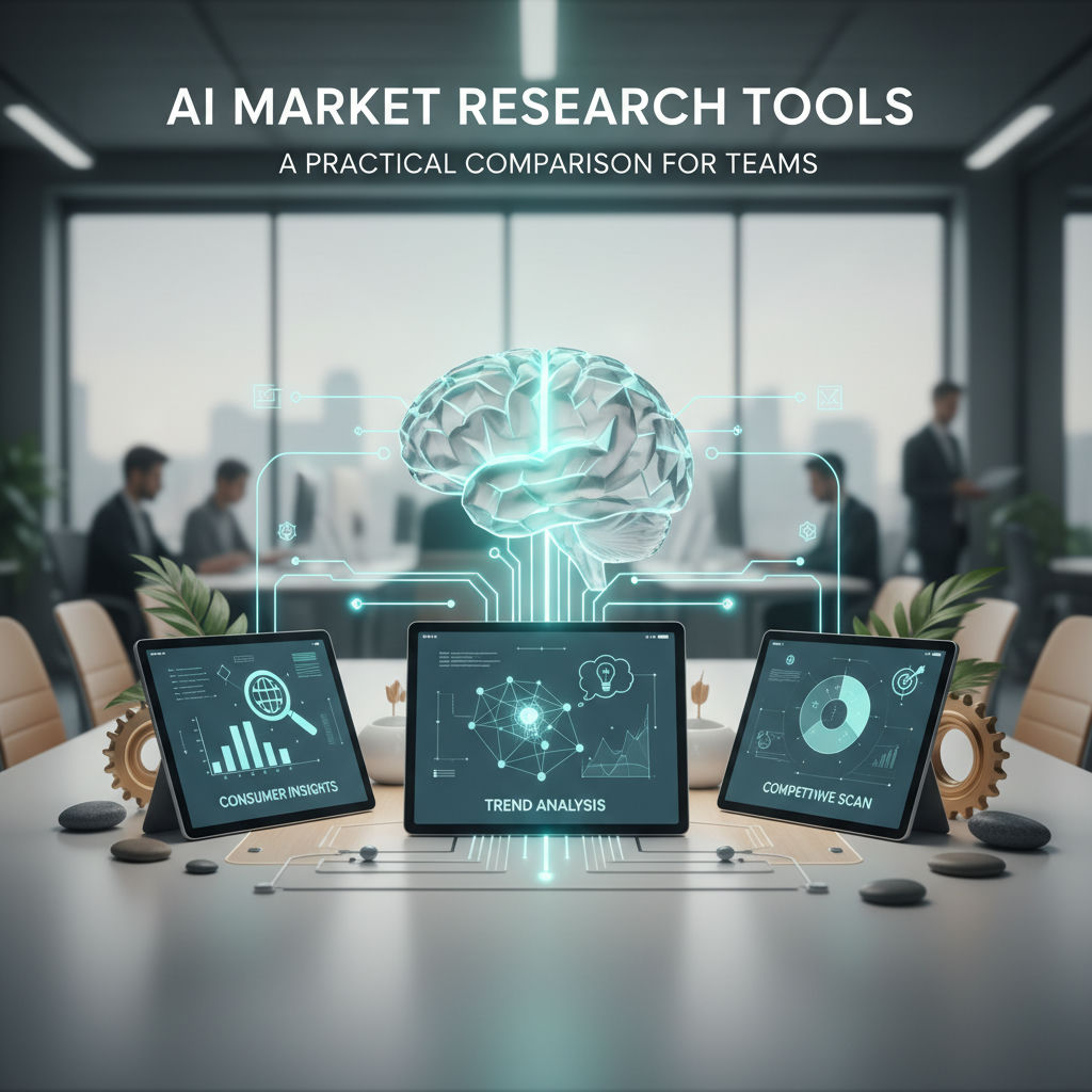 Three digital displays on a table showcase AI market research tools: Consumer Insights, Trend Analysis, and Competitive Scanning.