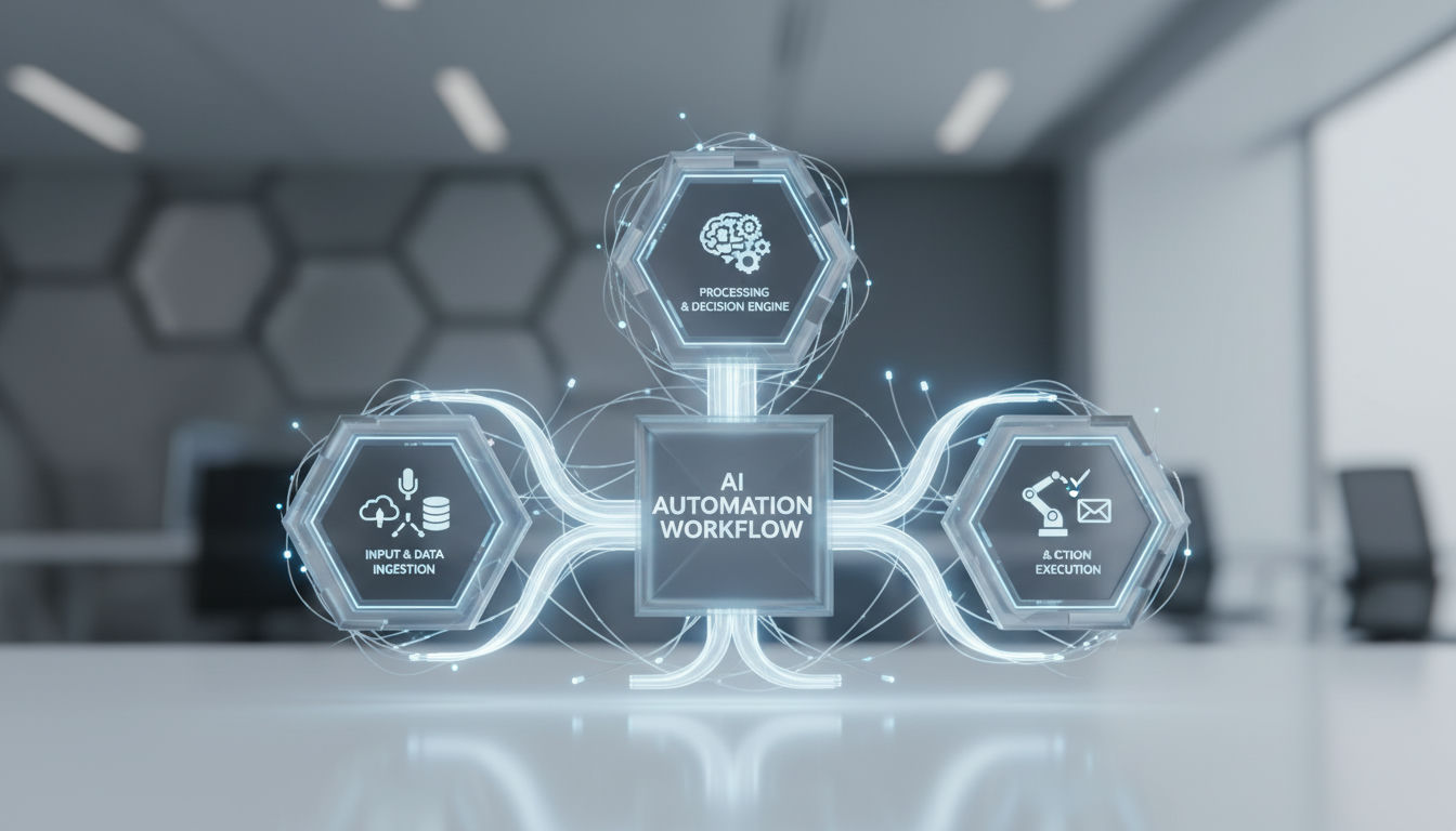 3D render of modular blocks illustrating ai automation workflow architecture with human checkpoints and failure handling loop