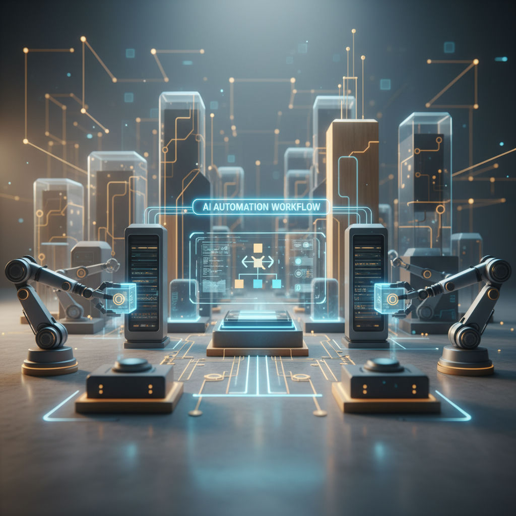 Robotic arms interact with computer terminals displaying an AI automation workflow within a futuristic cityscape.