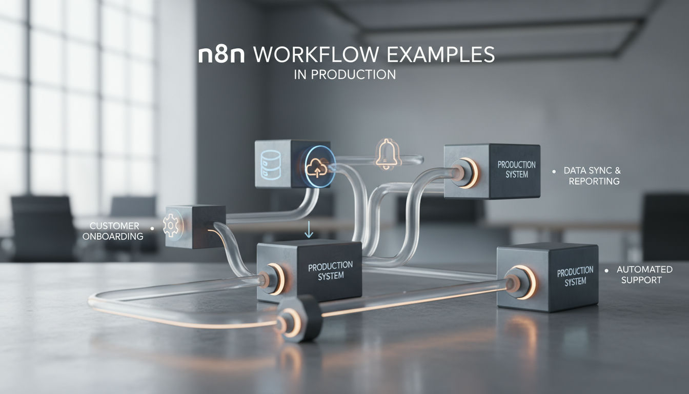 3D rendered pipeline modules illustrating n8n workflow examples built for production with validation checkpoints
