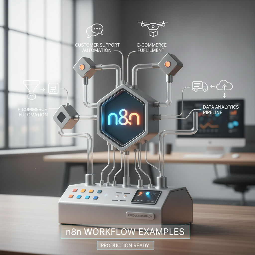 A hexagonal device displays a stylized "n&n" logo, surrounded by interconnected pipes and buttons, representing workflow examples including customer support automation, e-commerce fulfillment, data analytics pipeline, and e-commerce automation.