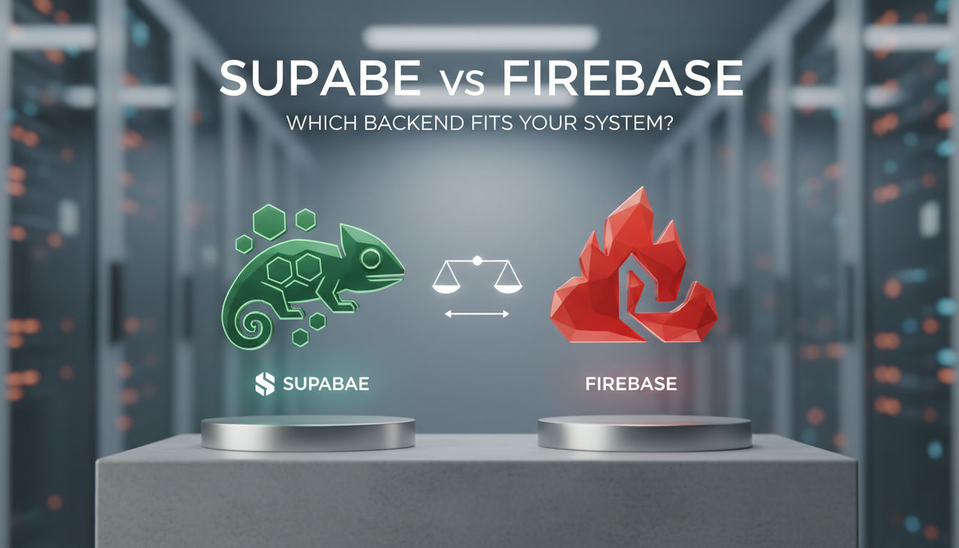 3D visualization comparing supabase vs firebase database architectures with relational tables versus document stacks