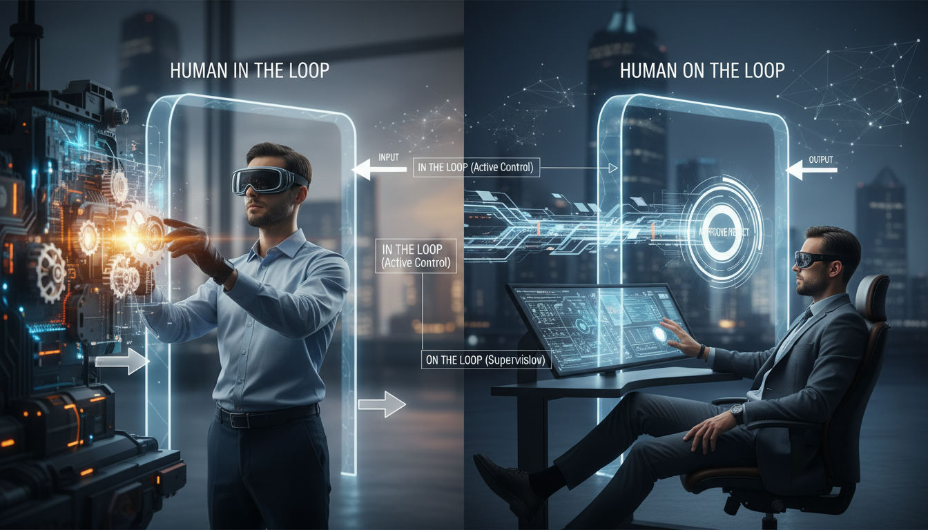 3D render of branching pipeline gates illustrating human in the loop vs human on the loop approval and monitoring