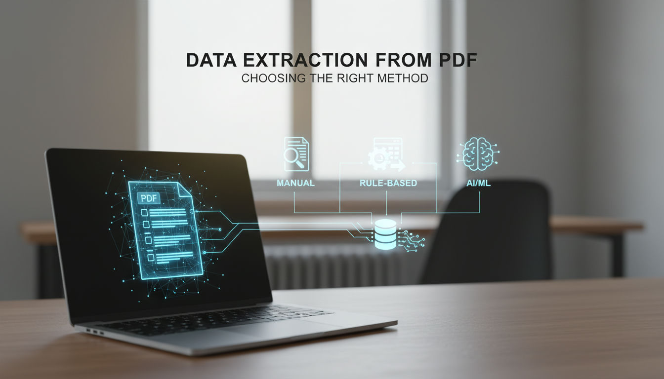 3D render showing data extraction from pdf where digital and scanned pages transform into structured tables and fields