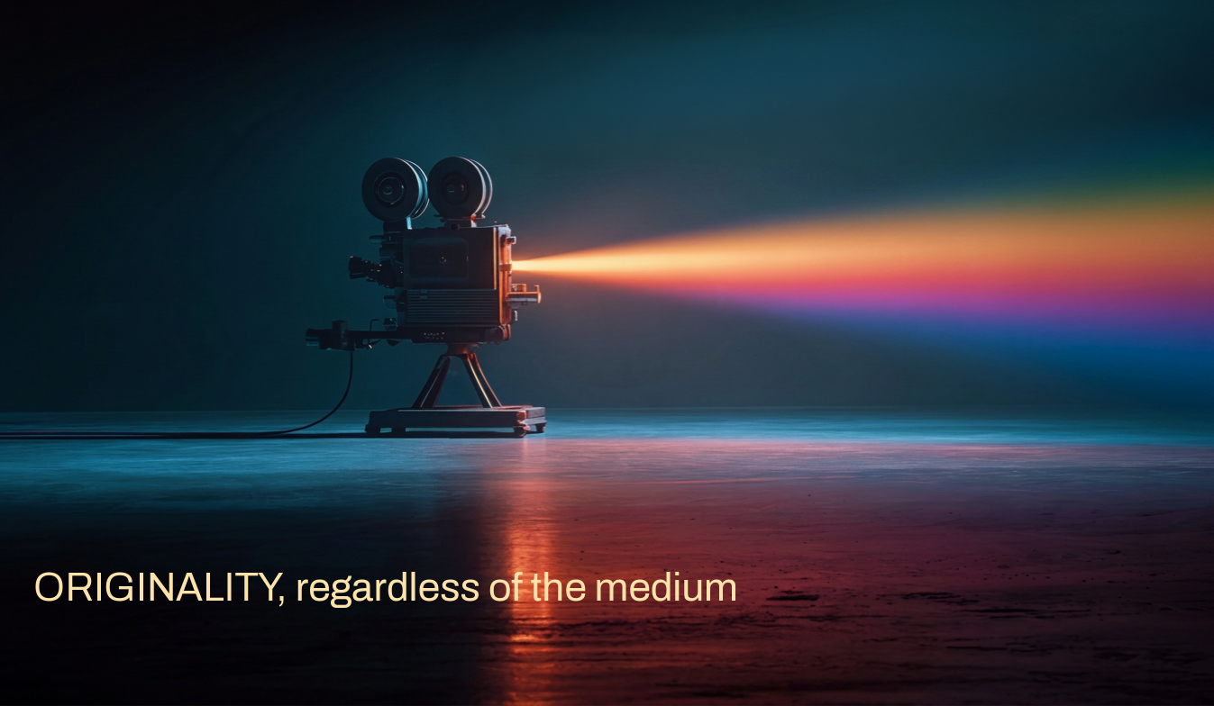 A vintage film projector casting a rainbow-spectrum beam of light, with text reading 'ORIGINALITY, regardless of the medium'.