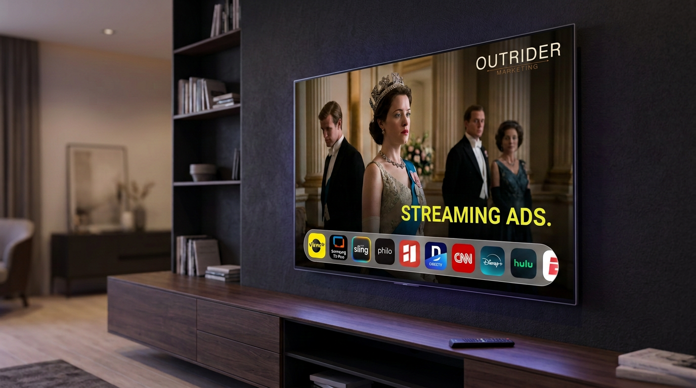 A television displaying an Outrider Marketing streaming ad over a scene from a period drama, with app icons for Vimeo, Sling, Philo, DirecTV, CNN, Disney+, Hulu and others.