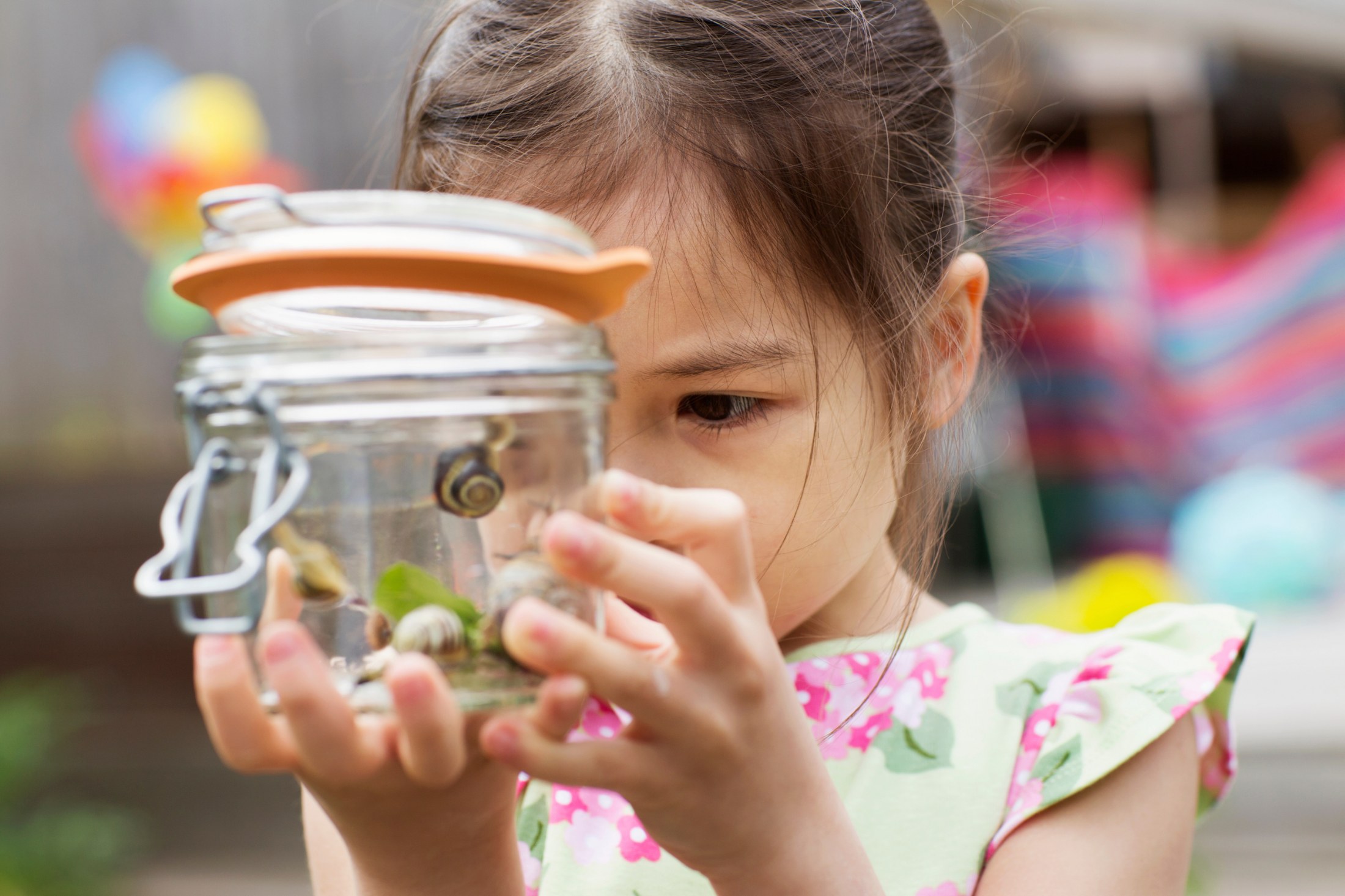 A young girl with brown hair gazes intently at a jar in her hands. The clear glass jar contains snails and a small green leaf. She is wearing a light green shirt with pink floral patterns. Soft, natural lighting illuminates the scene, creating a gentle and inviting mood. The shot is framed closely on the girl and the jar.
