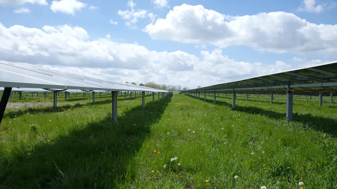 Rows of solar panels installed on metal stands in a green field under partly cloudy sky.