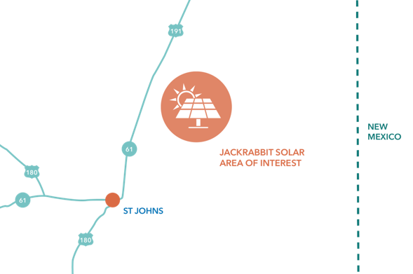 Map showing highways 61, 180, and 191 near St Johns, Arizona, with a marked Jackrabbit Solar area of interest indicated by an orange icon with a solar panel and sun symbol east of St Johns, near the Arizona-New Mexico border.