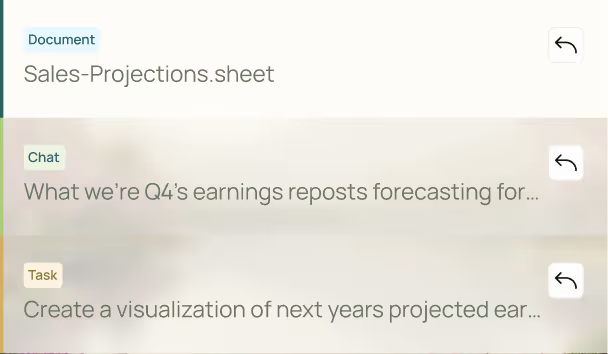 Screen showing documents labeled Document, Chat, and Task with text previews and reply arrows.